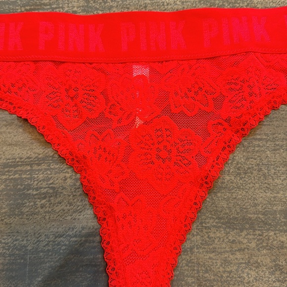 VS Pink red lace thong. Size large. Excellent condition. Elastic logo band. - Picture 2 of 5